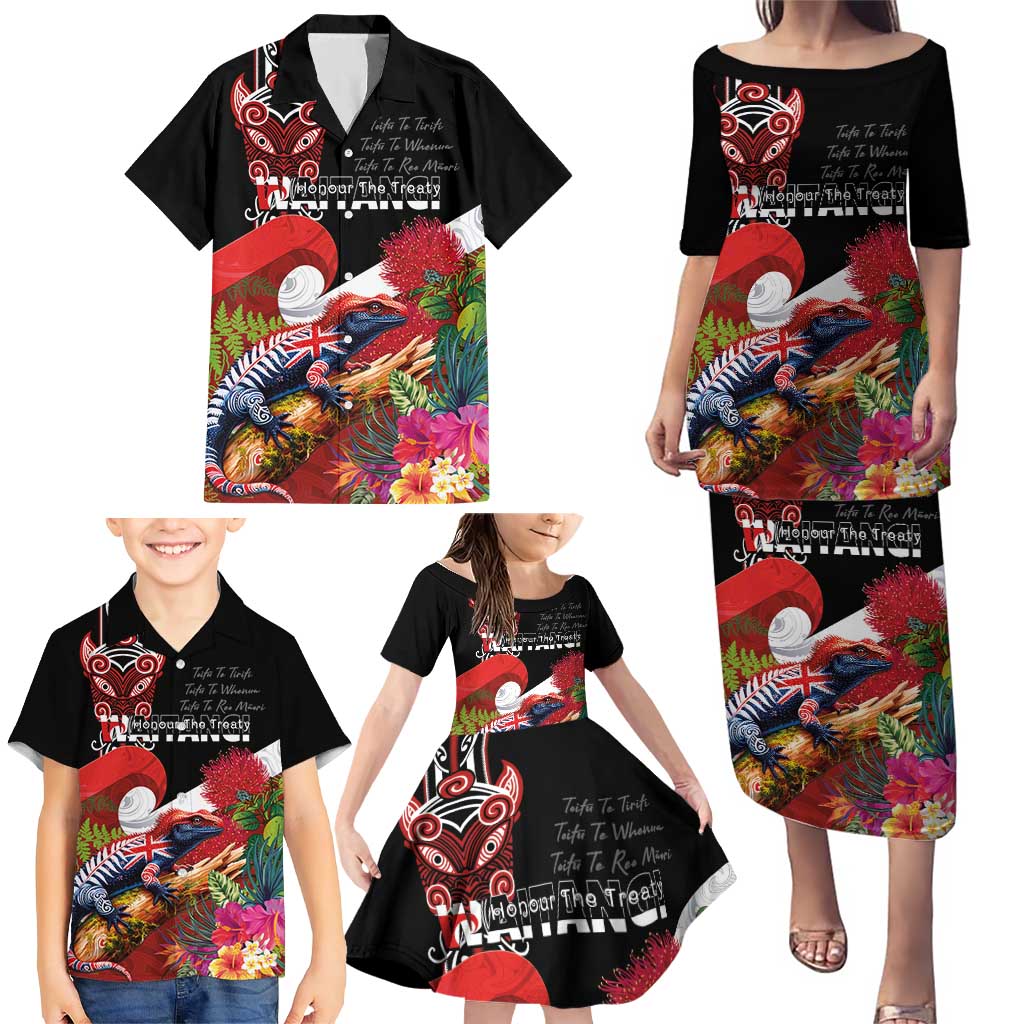 Aotearoa Toitu Te Tiriti Family Matching Puletasi and Hawaiian Shirt Waitangi-Honour The Treaty NZ Tuatara and Plants