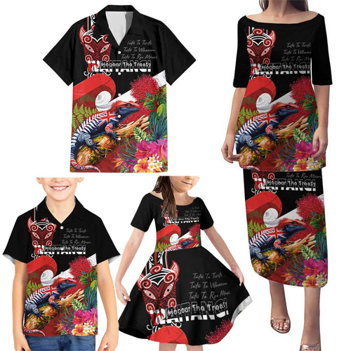 Aotearoa Toitu Te Tiriti Family Matching Puletasi and Hawaiian Shirt Waitangi-Honour The Treaty NZ Tuatara and Plants