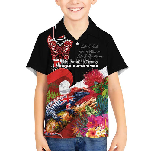 Aotearoa Toitu Te Tiriti Family Matching Short Sleeve Bodycon Dress and Hawaiian Shirt Waitangi-Honour The Treaty NZ Tuatara and Plants