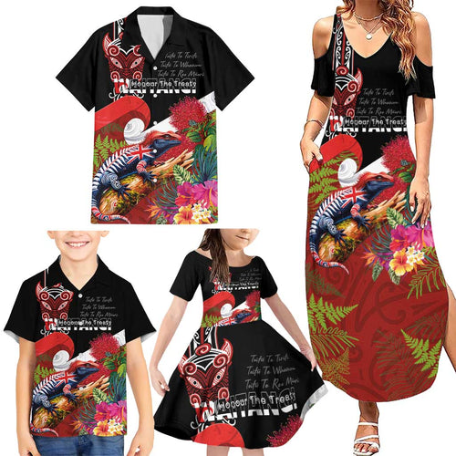 Aotearoa Toitu Te Tiriti Family Matching Summer Maxi Dress and Hawaiian Shirt Waitangi-Honour The Treaty NZ Tuatara and Plants