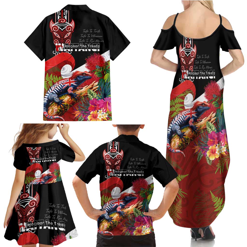 Aotearoa Toitu Te Tiriti Family Matching Summer Maxi Dress and Hawaiian Shirt Waitangi-Honour The Treaty NZ Tuatara and Plants