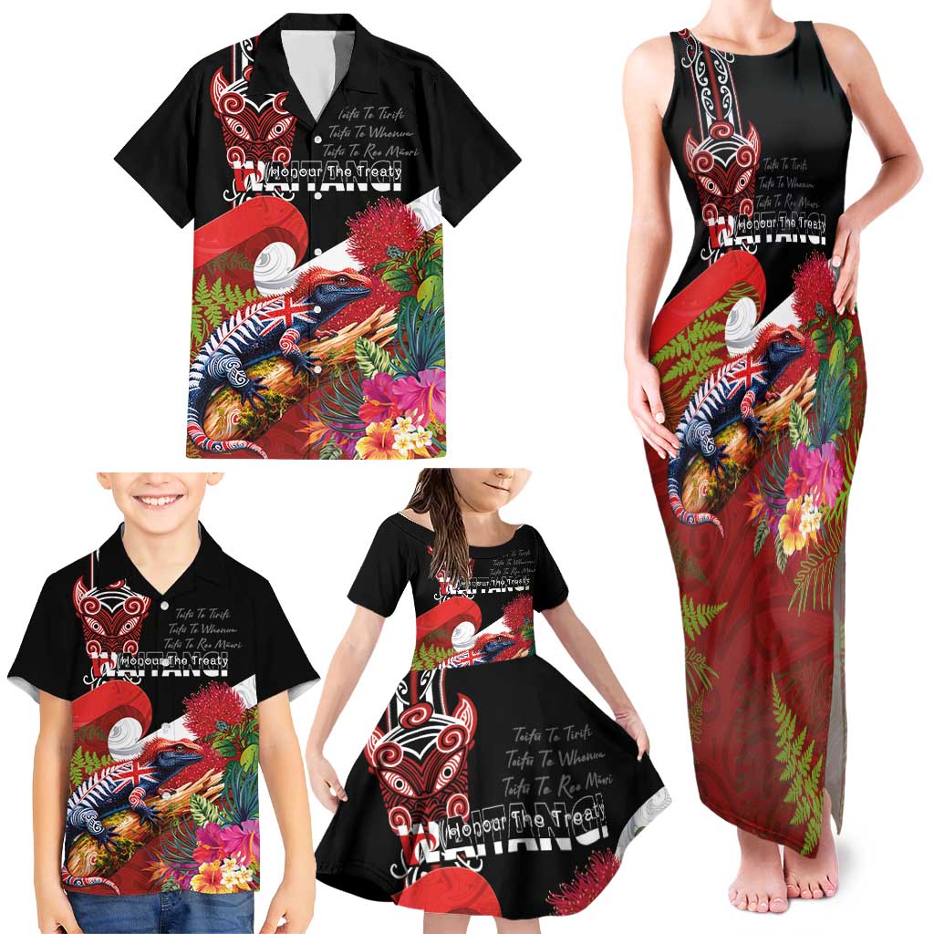 Aotearoa Toitu Te Tiriti Family Matching Tank Maxi Dress and Hawaiian Shirt Waitangi-Honour The Treaty NZ Tuatara and Plants