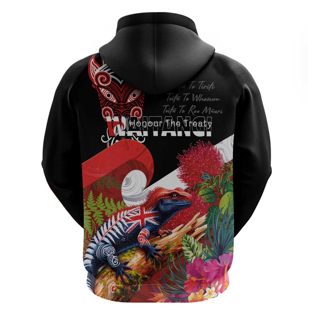 Aotearoa Toitu Te Tiriti Hoodie Waitangi-Honour The Treaty NZ Tuatara and Plants