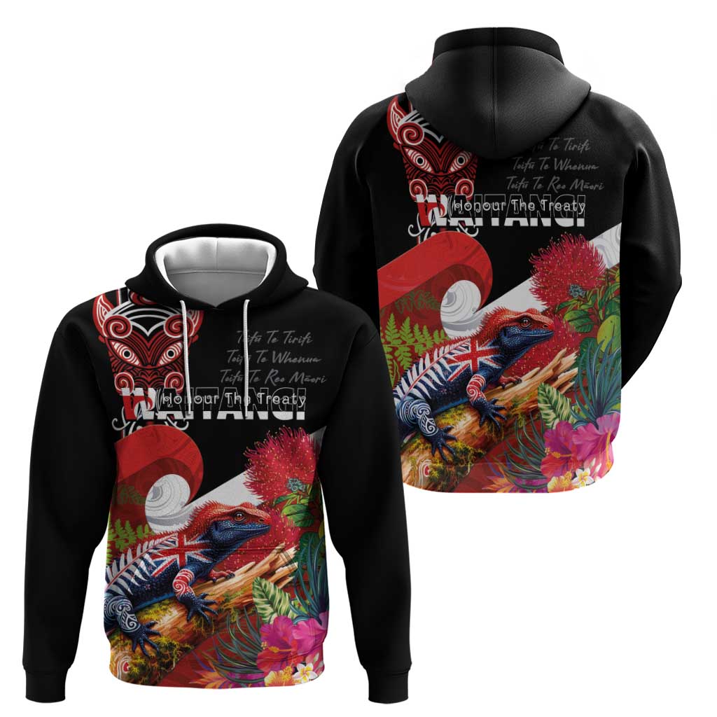 Aotearoa Toitu Te Tiriti Hoodie Waitangi-Honour The Treaty NZ Tuatara and Plants