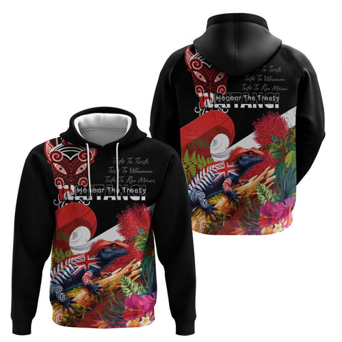 Aotearoa Toitu Te Tiriti Hoodie Waitangi-Honour The Treaty NZ Tuatara and Plants