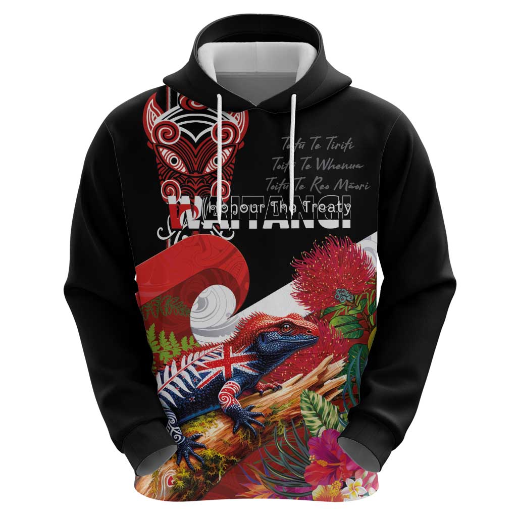 Aotearoa Toitu Te Tiriti Hoodie Waitangi-Honour The Treaty NZ Tuatara and Plants