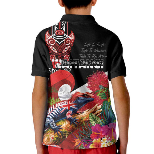 Aotearoa Toitu Te Tiriti Kid Polo Shirt Waitangi-Honour The Treaty NZ Tuatara and Plants