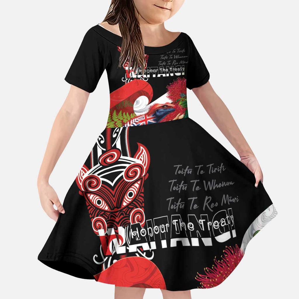 Aotearoa Toitu Te Tiriti Kid Short Sleeve Dress Waitangi-Honour The Treaty NZ Tuatara and Plants