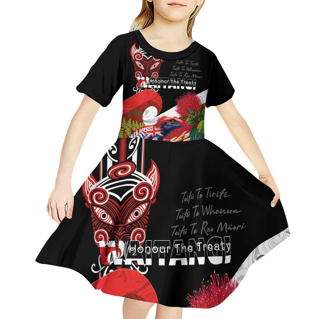Aotearoa Toitu Te Tiriti Kid Short Sleeve Dress Waitangi-Honour The Treaty NZ Tuatara and Plants