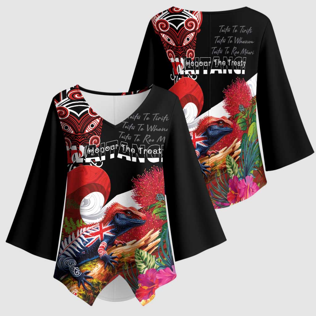 Aotearoa Toitu Te Tiriti Kimono Sleeve Blouse Waitangi-Honour The Treaty NZ Tuatara and Plants