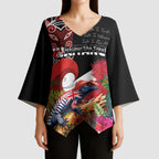 Aotearoa Toitu Te Tiriti Kimono Sleeve Blouse Waitangi-Honour The Treaty NZ Tuatara and Plants