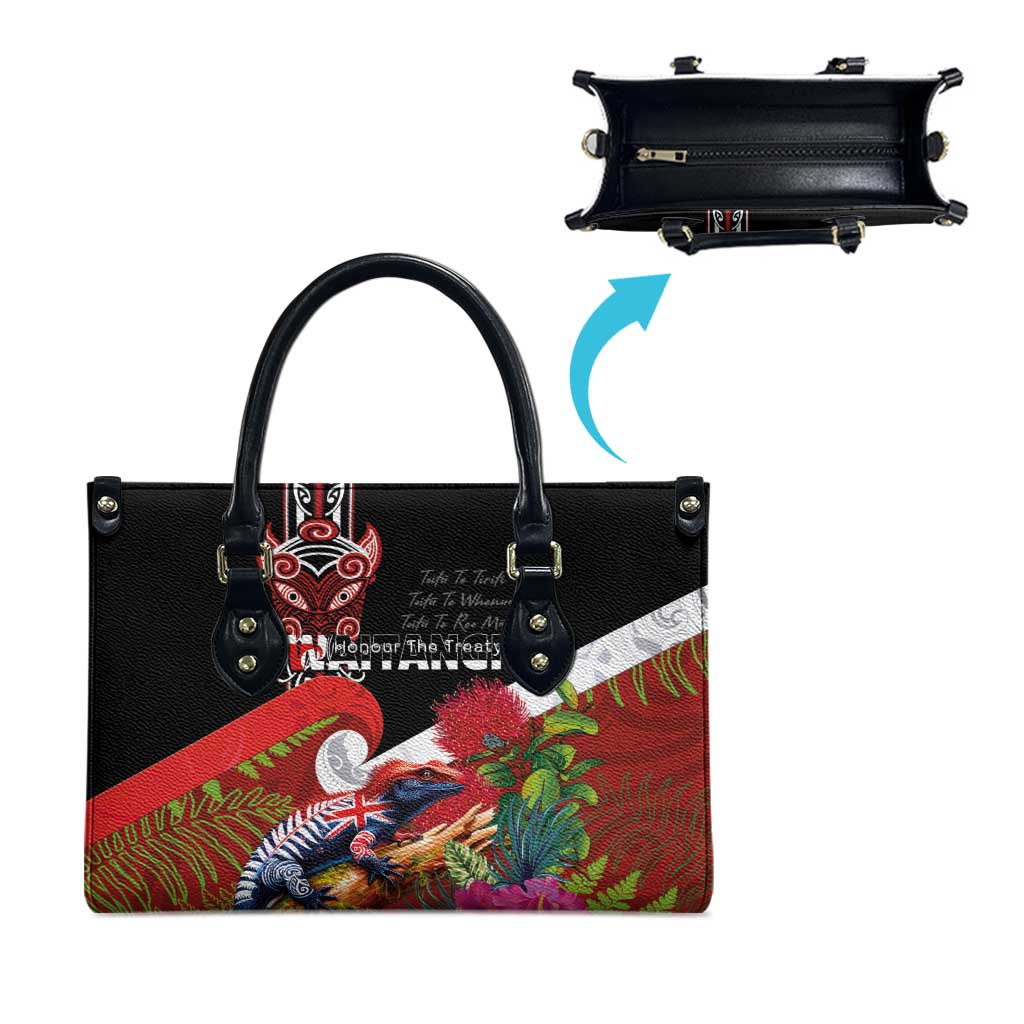 Aotearoa Toitu Te Tiriti Leather Bag Waitangi-Honour The Treaty NZ Tuatara and Plants