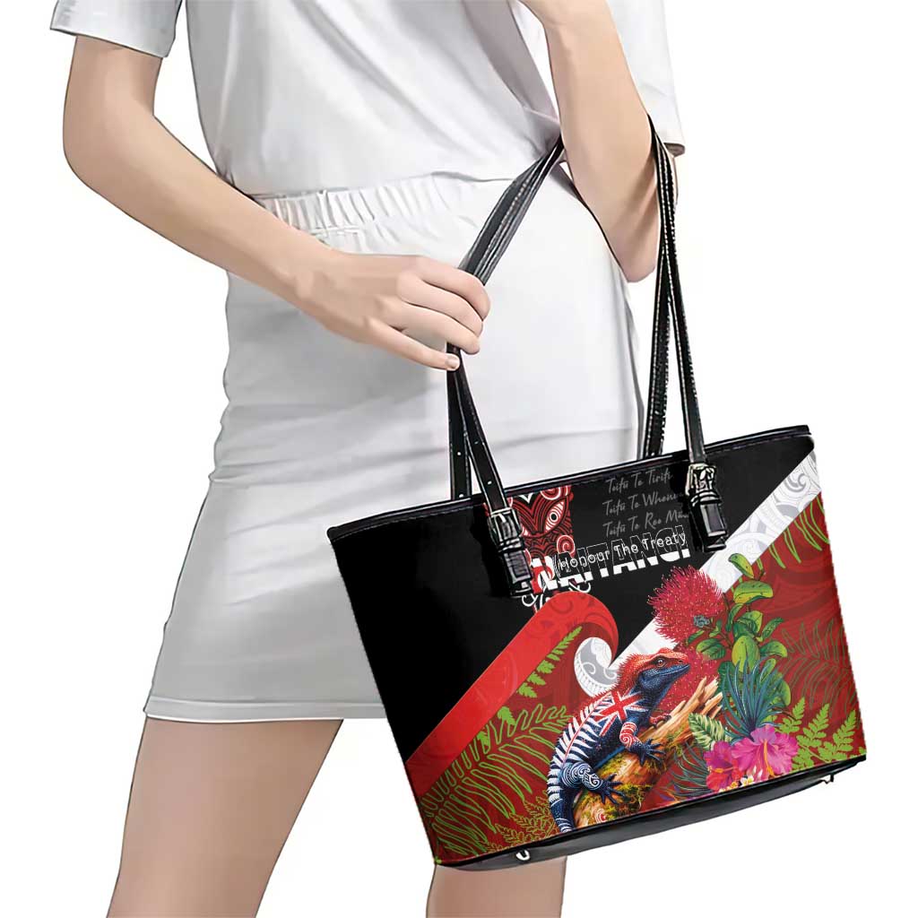 Aotearoa Toitu Te Tiriti Leather Tote Bag Waitangi-Honour The Treaty NZ Tuatara and Plants
