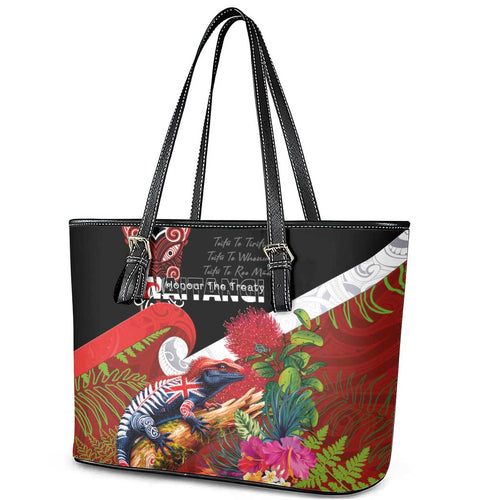 Aotearoa Toitu Te Tiriti Leather Tote Bag Waitangi-Honour The Treaty NZ Tuatara and Plants