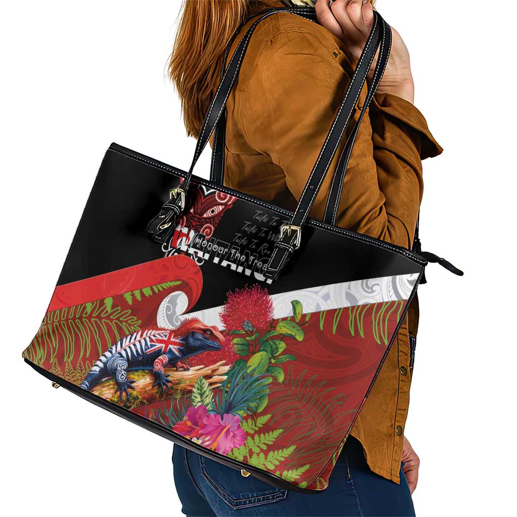 Aotearoa Toitu Te Tiriti Leather Tote Bag Waitangi-Honour The Treaty NZ Tuatara and Plants