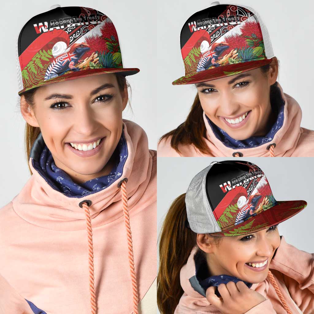 Aotearoa Toitu Te Tiriti Mesh Trucker Cap Waitangi-Honour The Treaty NZ Tuatara and Plants