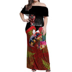 Aotearoa Toitu Te Tiriti Off Shoulder Maxi Dress Waitangi-Honour The Treaty NZ Tuatara and Plants