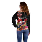 Aotearoa Toitu Te Tiriti Off Shoulder Sweater Waitangi-Honour The Treaty NZ Tuatara and Plants