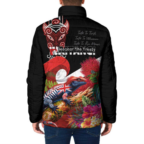 Aotearoa Toitu Te Tiriti Padded Jacket Waitangi-Honour The Treaty NZ Tuatara and Plants