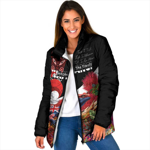 Aotearoa Toitu Te Tiriti Padded Jacket Waitangi-Honour The Treaty NZ Tuatara and Plants