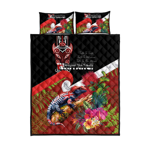 Aotearoa Toitu Te Tiriti Quilt Bed Set Waitangi-Honour The Treaty NZ Tuatara and Plants