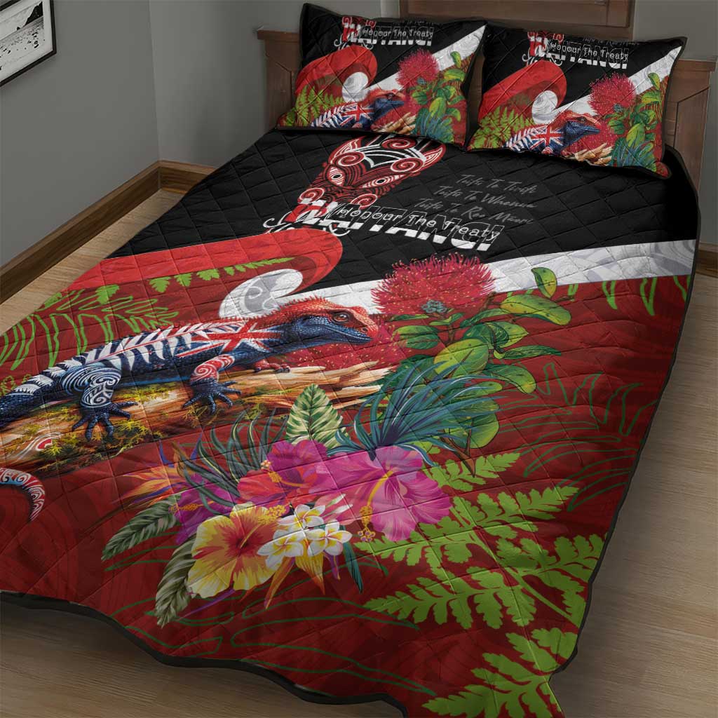 Aotearoa Toitu Te Tiriti Quilt Bed Set Waitangi-Honour The Treaty NZ Tuatara and Plants