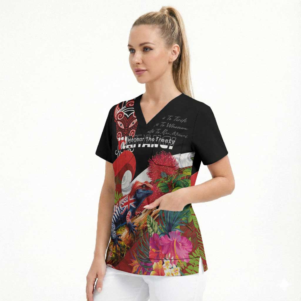 Aotearoa Toitu Te Tiriti Scrub Top Waitangi-Honour The Treaty NZ Tuatara and Plants