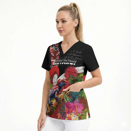 Aotearoa Toitu Te Tiriti Scrub Top Waitangi-Honour The Treaty NZ Tuatara and Plants