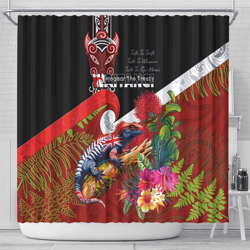 Aotearoa Toitu Te Tiriti Shower Curtain Waitangi-Honour The Treaty NZ Tuatara and Plants