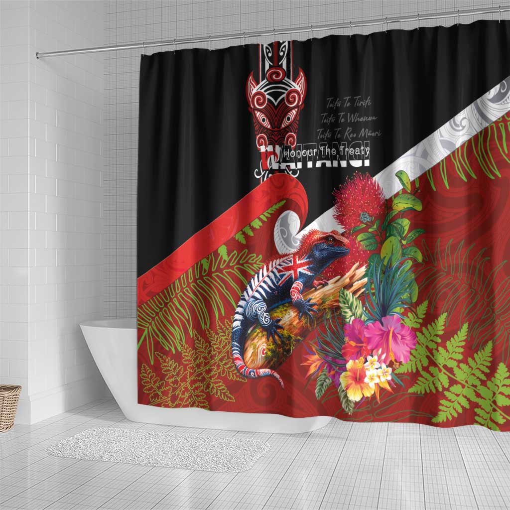 Aotearoa Toitu Te Tiriti Shower Curtain Waitangi-Honour The Treaty NZ Tuatara and Plants