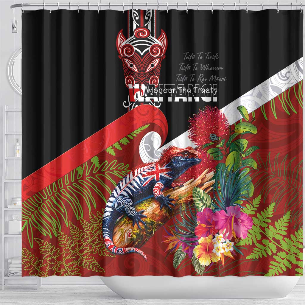 Aotearoa Toitu Te Tiriti Shower Curtain Waitangi-Honour The Treaty NZ Tuatara and Plants