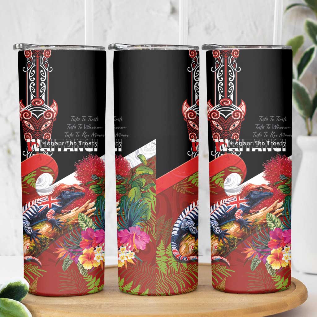 Aotearoa Toitu Te Tiriti Skinny Tumbler Waitangi-Honour The Treaty NZ Tuatara and Plants