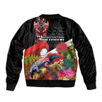Aotearoa Toitu Te Tiriti Sleeve Zip Bomber Jacket Waitangi-Honour The Treaty NZ Tuatara and Plants