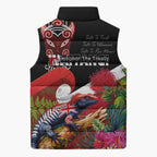Aotearoa Toitu Te Tiriti Sleeveless Puffer Jacket Waitangi-Honour The Treaty NZ Tuatara and Plants