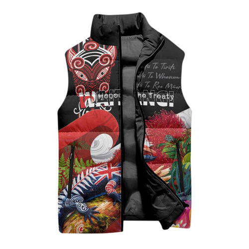Aotearoa Toitu Te Tiriti Sleeveless Puffer Jacket Waitangi-Honour The Treaty NZ Tuatara and Plants