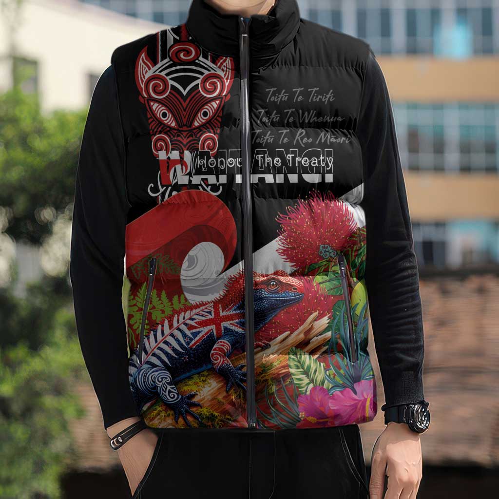 Aotearoa Toitu Te Tiriti Sleeveless Puffer Jacket Waitangi-Honour The Treaty NZ Tuatara and Plants