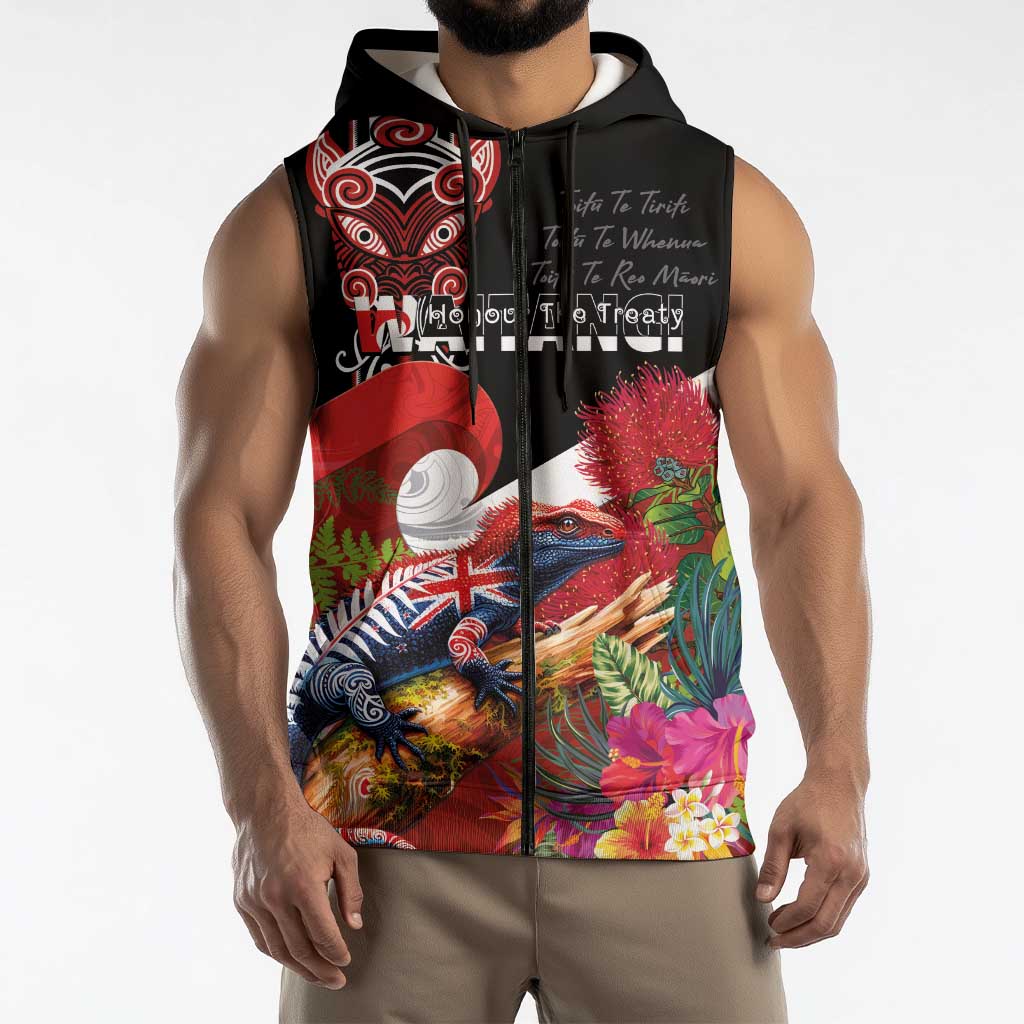 Aotearoa Toitu Te Tiriti Sleeveless Zip Hoodie Waitangi-Honour The Treaty NZ Tuatara and Plants