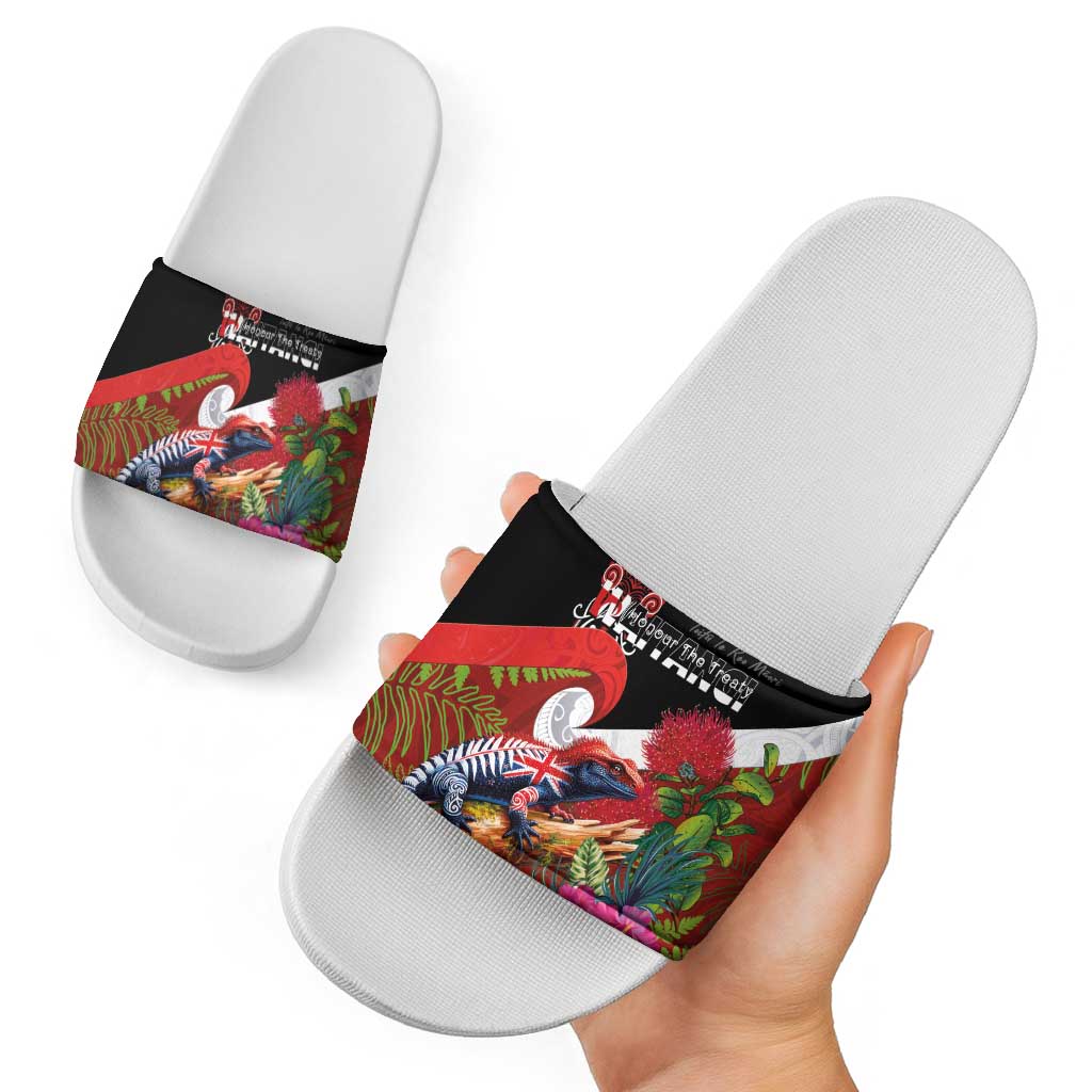 Aotearoa Toitu Te Tiriti Slide Sandals Waitangi-Honour The Treaty NZ Tuatara and Plants