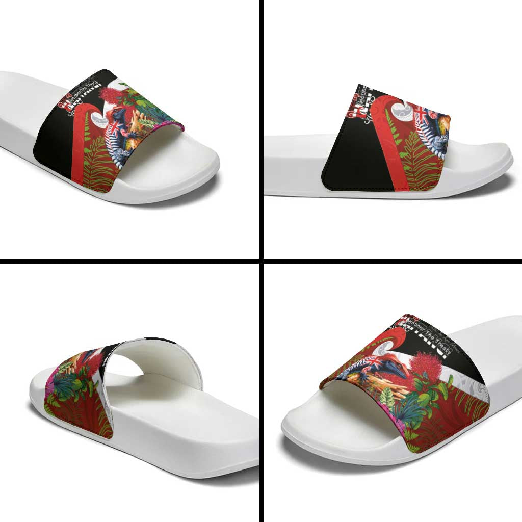 Aotearoa Toitu Te Tiriti Slide Sandals Waitangi-Honour The Treaty NZ Tuatara and Plants