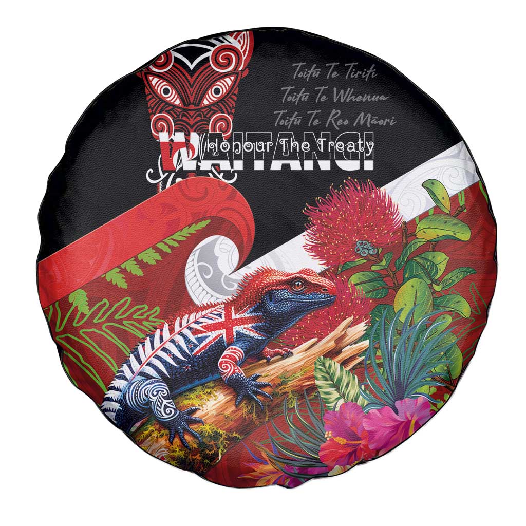 Aotearoa Toitu Te Tiriti Spare Tire Cover Waitangi-Honour The Treaty NZ Tuatara and Plants