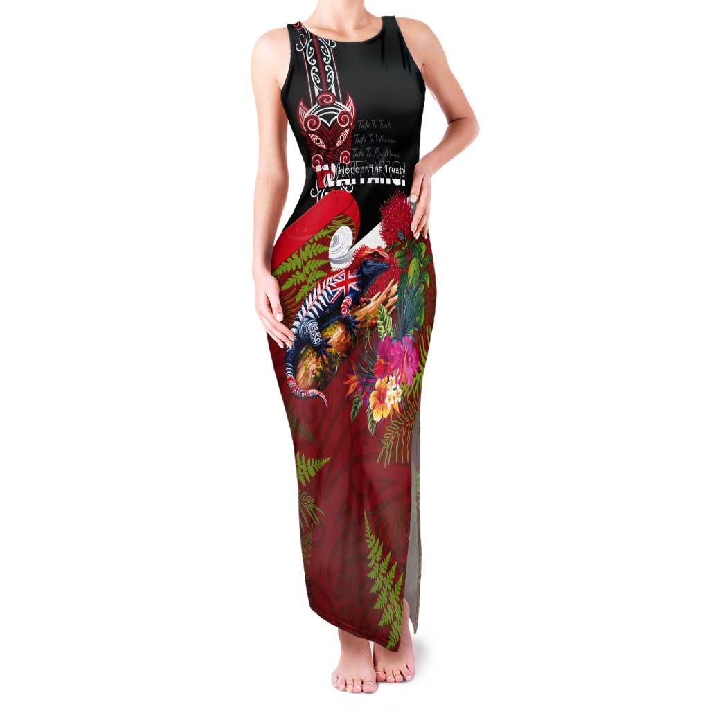 Aotearoa Toitu Te Tiriti Tank Maxi Dress Waitangi-Honour The Treaty NZ Tuatara and Plants
