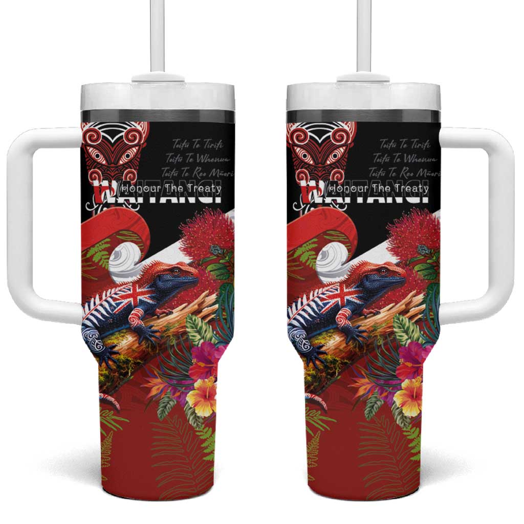 Aotearoa Toitu Te Tiriti Tumbler With Handle Waitangi-Honour The Treaty NZ Tuatara and Plants