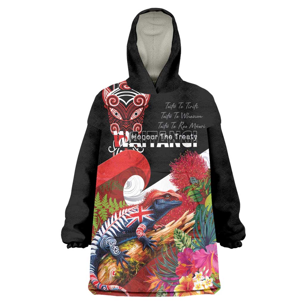 Aotearoa Toitu Te Tiriti Wearable Blanket Hoodie Waitangi-Honour The Treaty NZ Tuatara and Plants