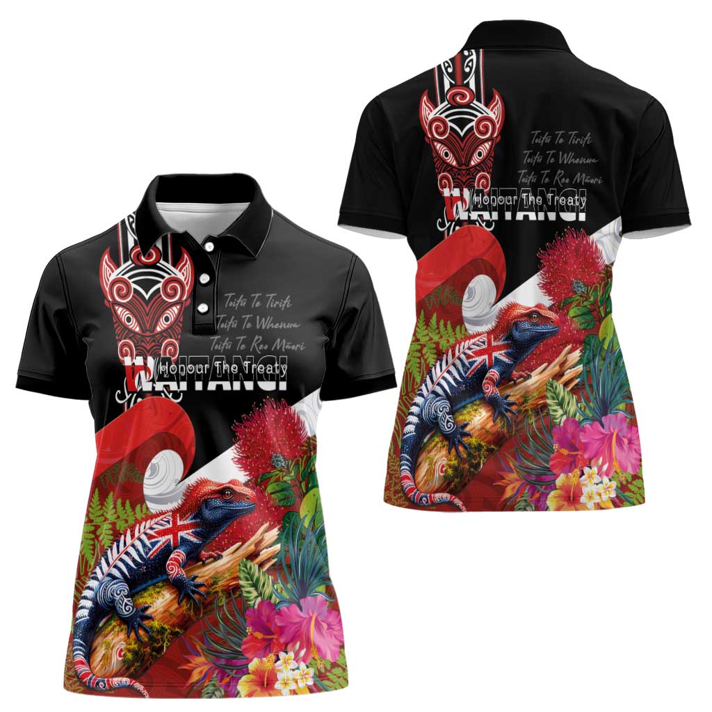 Aotearoa Toitu Te Tiriti Women Polo Shirt Waitangi-Honour The Treaty NZ Tuatara and Plants