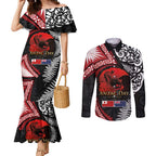 Tonga and New Zealand ANZAC Day Couples Matching Mermaid Dress and Long Sleeve Button Shirt Gallipoli Lest We Forget Ngatu Art Tribal and Maori Tattoo with Fern LT03