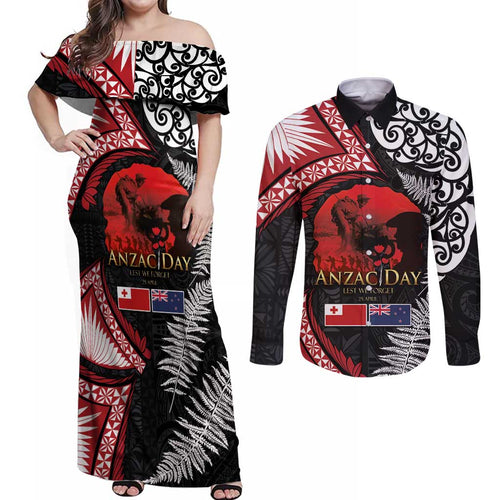 Tonga and New Zealand ANZAC Day Couples Matching Off Shoulder Maxi Dress and Long Sleeve Button Shirt Gallipoli Lest We Forget Ngatu Art Tribal and Maori Tattoo with Fern LT03