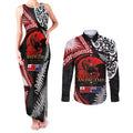 Tonga and New Zealand ANZAC Day Couples Matching Tank Maxi Dress and Long Sleeve Button Shirt Gallipoli Lest We Forget Ngatu Art Tribal and Maori Tattoo with Fern LT03