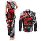 Tonga and New Zealand ANZAC Day Couples Matching Tank Maxi Dress and Long Sleeve Button Shirt Gallipoli Lest We Forget Ngatu Art Tribal and Maori Tattoo with Fern LT03