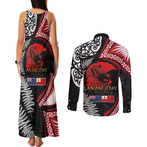 Tonga and New Zealand ANZAC Day Couples Matching Tank Maxi Dress and Long Sleeve Button Shirt Gallipoli Lest We Forget Ngatu Art Tribal and Maori Tattoo with Fern LT03