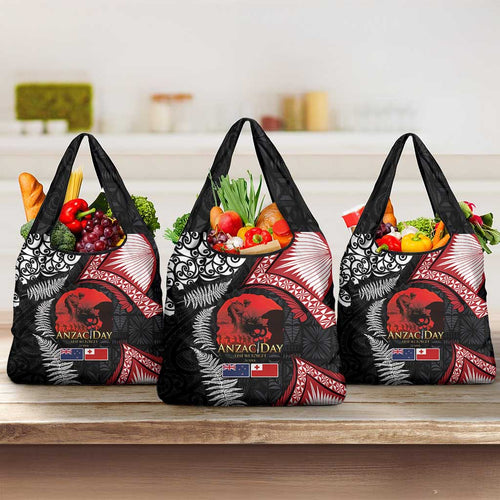 Tonga and New Zealand ANZAC Day Grocery Bag Gallipoli Lest We Forget Ngatu Art Tribal and Maori Tattoo with Fern LT03